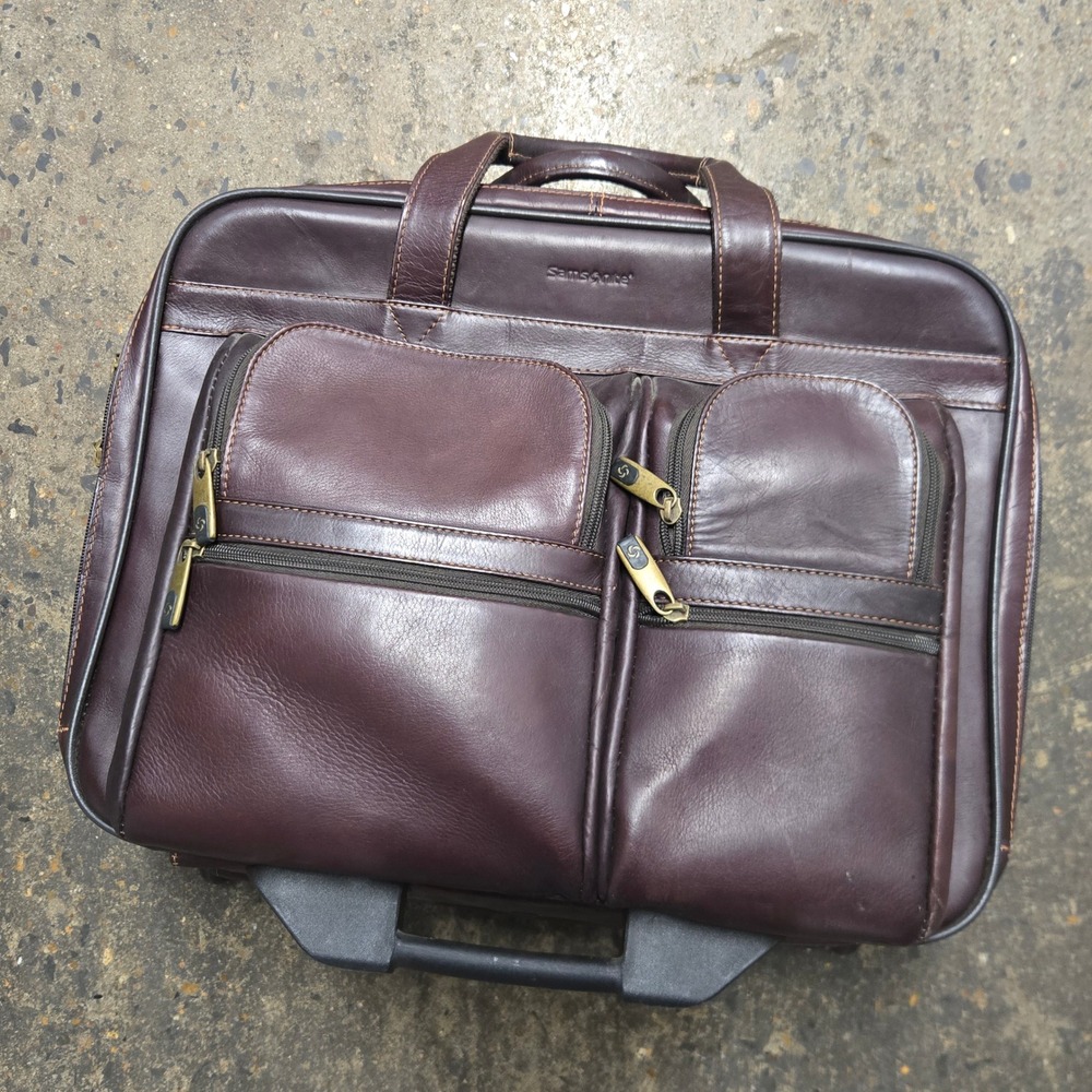 Samsonite Brown Leather Rolling Laptop Bag Briefcase Mobile Office Travel Case